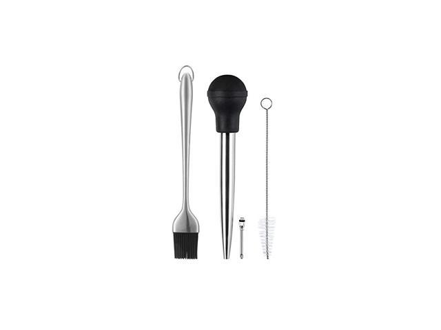 Stainless Steel Turkey Baster With BBQ/Grill Basting Brush, Commercial Grade Quality Rubber Bulb Including Flavor Needle And Cleaning Brush For Easy Clean Up