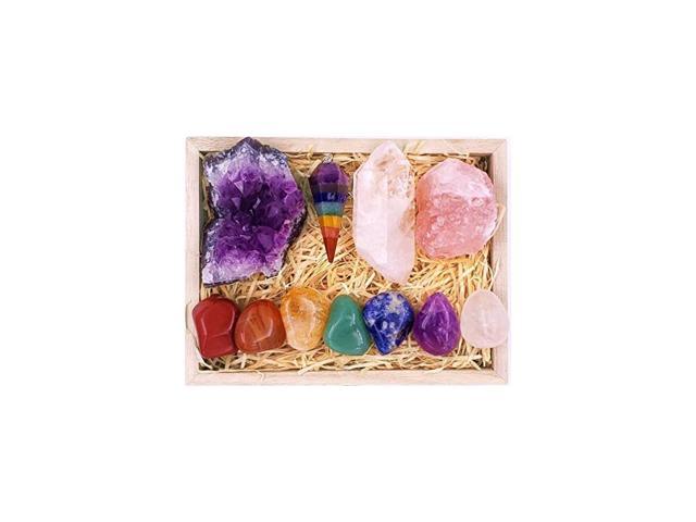 ZATNY Deluxe Healing Crystals in Wooden Box - 7 Chakra Set Tumbled & Raw Stones, Rose Quartz, Amethyst Cluster, Crystal Points, Chakra Pendulum, 82