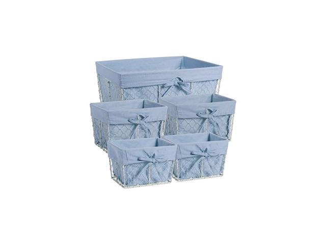Chicken Wire Baskets Antique White for Storage Removable Fabric Liner, Assorted Set of 5, Washed Denim 5 Piece