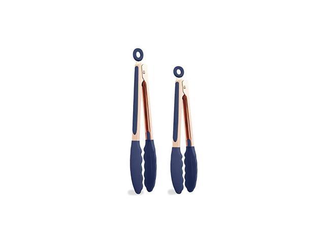 Stainless Steel Silicone Tipped Kitchen Food BBQ and Cooking Tongs Set of Two 9” and 12” for Non Stick Cookware, BPA Fee, Stylish, Sturdy, Locking, Grill Tongs, Rose Gold and Navy