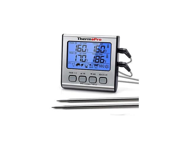 TP-17 Dual Probe Digital Cooking Meat Thermometer Large LCD Backlight Food Grill Thermometer with Timer Mode for Smoker Kitchen Oven BBQ, Silver