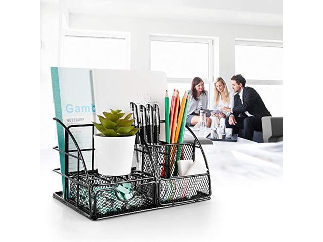 Desk Organizer, Mesh Office Supplies Desk Accessories, Features 5  Compartments + 1 Mini Sliding Drawer(Dark Gray)