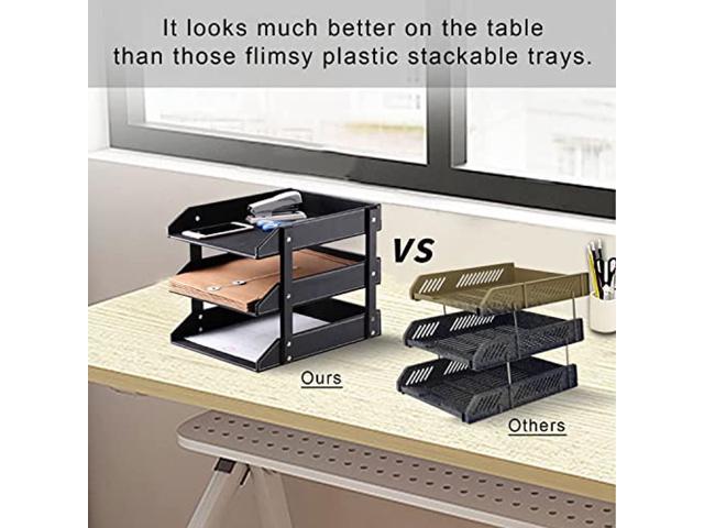Stacking Letter Trays Leather Office Desk Supply Organizer Wooden Structure 3-Tier Files Sorter Workplace Desktop Storage Holder for Document/Paper/Stationery/Magazine/Newspaper/Mail/Sundries Black 