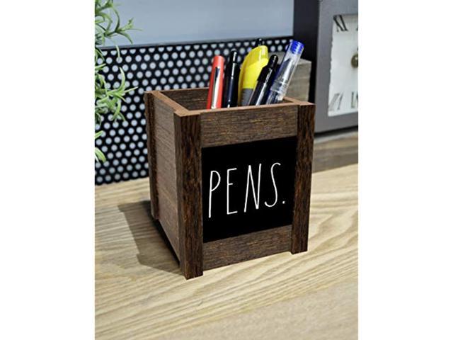 Pencil Cup - Wooden Desktop Organizer - Small Rustic Wood Desk Top Caddy  For Office Accessories And Supplies - Organization For Home, School,  Classroom, Work - Square Dark Brown 