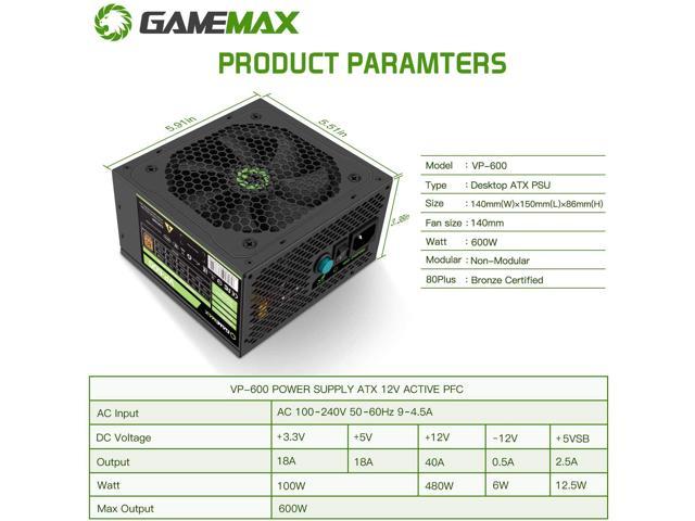 GAMEMAX VP-600-RGB-M Power Supply For PC Semi-Modular 80PLUS Bronze  Certified Gaming PSU Quiet Power Supply for Gamer ECO Mode