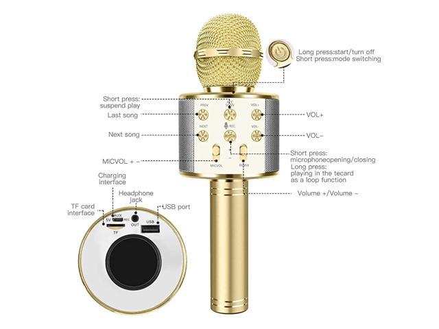 Handheld Bluetooth Microphone with Speaker and Light Echo Mic Portable Karaoke Player for Kid Adult Girl Home Party Singing Birthday Gift Gold weird tails Wireless Karaoke Microphone 