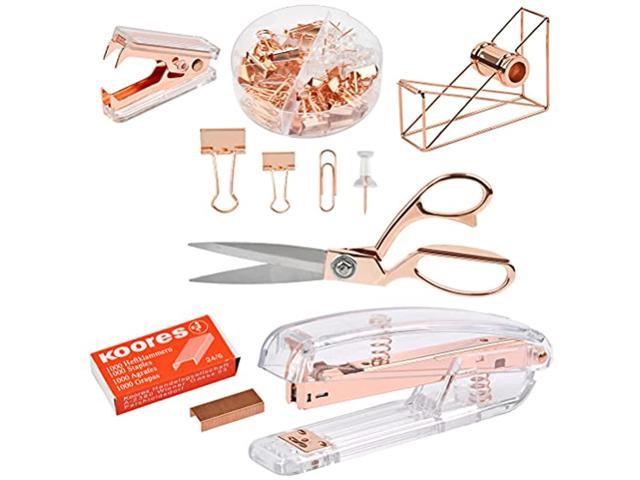 CRASPIRE Rose Gold Office Stationery Set Desk Accessory Kit Include 1000Pcs Standard Staples+1Pc Tape Cutters Holder+1Pc Claw Staple Remover+10Pcs Binder Clips for Home School Office Supplies