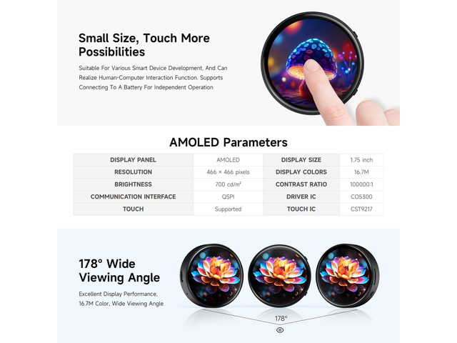 Waveshare ESP32-S3 1.75inch AMOLED Round Touch Display Development Board(GPS Version, No Case), 32-Bit LX7 2-Core Processor, 466x466, QSPI Interface Waveshare ESP32-S3 1.75inch AMOLED Round Touch Display Development Board(GPS Version, No Case), 32-Bit LX7 2-Core Processor, 466x466, QSPI Interface