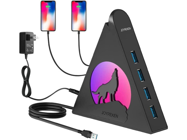 Powered USB Hub 3.0, JoyReken USB Hub with 4 USB 3.0 Data Ports and 2 ...
