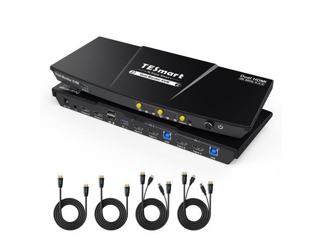 HDMI KVM switch 2 monitoren 3 computers 4K bij 60 Hz, EDID-simulatie, dubbele monitor KVM-switch voor 3 computers Deel 2 schermen en 4 USB 3.0 poorten, bekabelde afstandsbediening en kabels inbegrepen