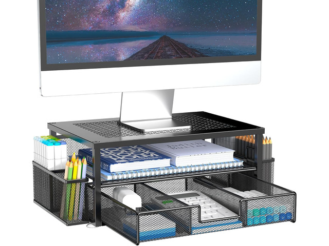2 Tier Computer Monitor Stands with Drawer and 2 Pencil Holder, Metal ...