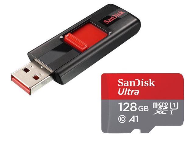 Combo: SanDisk 128GB Ultra microSDXC A1 UHS-I/U1 Class 10 Memory Card with Adapter + SanDisk 128GB Cruzer CZ36 USB 2.0 Flash Drive (SDCZ36-128G-B35)