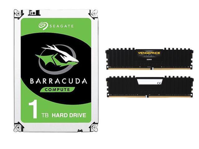 Combo: CORSAIR Vengeance LPX 16GB (2 x 8GB) DDR4 3000 (PC4 24000) Memory Kit Model CMK16GX4M2B3000C15, Seagate BarraCuda 1TB 7200 RPM 64MB Cache SATA 6.0Gb/s 3.5 inch Hard Bare Drive