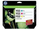 HP 933 Tri-color combo pack Ink Cartridge w/ 20 sheet photo paper (B3B32FN#140)- Cyan, Magenta, Yellow