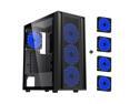 DIYPC DIY-S03-BK Black USB3.0 Steel/ Tempered Glass ATX Mid Tower Gaming Computer Case w/Tempered Glass Panel and 4 x 120mm Blue LED Fans  (Pre-Installed)