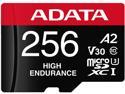 ADATA 256GB High Endurance microSDXC UHS-I U3 / Class 10 V30 A2 Memory Card with SD Adapter, Speed Up to 100MB/s (AUSDX256GUI3V30SHA2-RA1)
