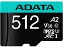 ADATA 512GB Premier Pro microSDXC UHS-I U3 / Class 10 V30 A2 Memory Card with SD Adapter, Speed Up to 100MB/s (AUSDX512GUI3V30SA2-RA1)
