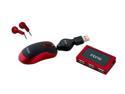 iHome IH-B936NR Red 3 Buttons 1 x Wheel USB Wired Optical Retractable Netbook Mouse, 4-Port USB 2.0 Hub & Ear Buds w/ Microphone Bundle