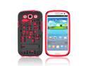 Samsung Galaxy S3 Plastic Snap On Cover Over Silicone W/ Kickstand & ID Slot - Red/ Black Digital Cube Design