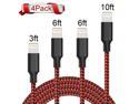iPhone Charger Cable, MFi Certified Lightning Cable 4 Pack[3/6/6/10FT]Extra Long Nylon Braided USB Charging & Syncing Cord Compatible iPhone X/Max/12/11/8/7/6/6S/5/5S/SE/Plus/iPad- Black/Red