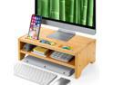 2-Tier Bamboo Desk Monitor Riser Stand - Desk Storage Organizer for Home and Office Computer Desk Laptop Cellphone Printer Stand Desktop Container by HUANUO