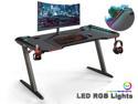 Gaming Desk, 47 Inch Gaming Table, PC Computer Workstation with LED RGB Lights, Headphone Hook and Cup Holder for Home, Black