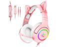 ONIKUMA K9 3.5mm Wired Gaming Headset Removable Cat Ears Headphones Noise Canceling E-Sports Earphone with Microphone RGB LED Light Control Mute Mic for PC Smart Phone Pink