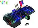 Wireless Gaming Keyboard and Mouse,Rainbow Backlit Rechargeable Keyboard Mouse with 3800mAh Battery Metal Panel,Removable Hand Rest Mechanical Feel Keyboard and 7 Color Gaming Mute Mouse for PC Gamers