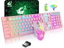 Zhhcyyds Wieless Gaming Keyboard and Mouse Combo Rainbow Backlight Quiet Ergonomic Mechanical Feeling Anti-ghosting Keyboard Mouse with Rechargeable 4000mAh Battery Mouse Pad for Computer Gamer(Pink)