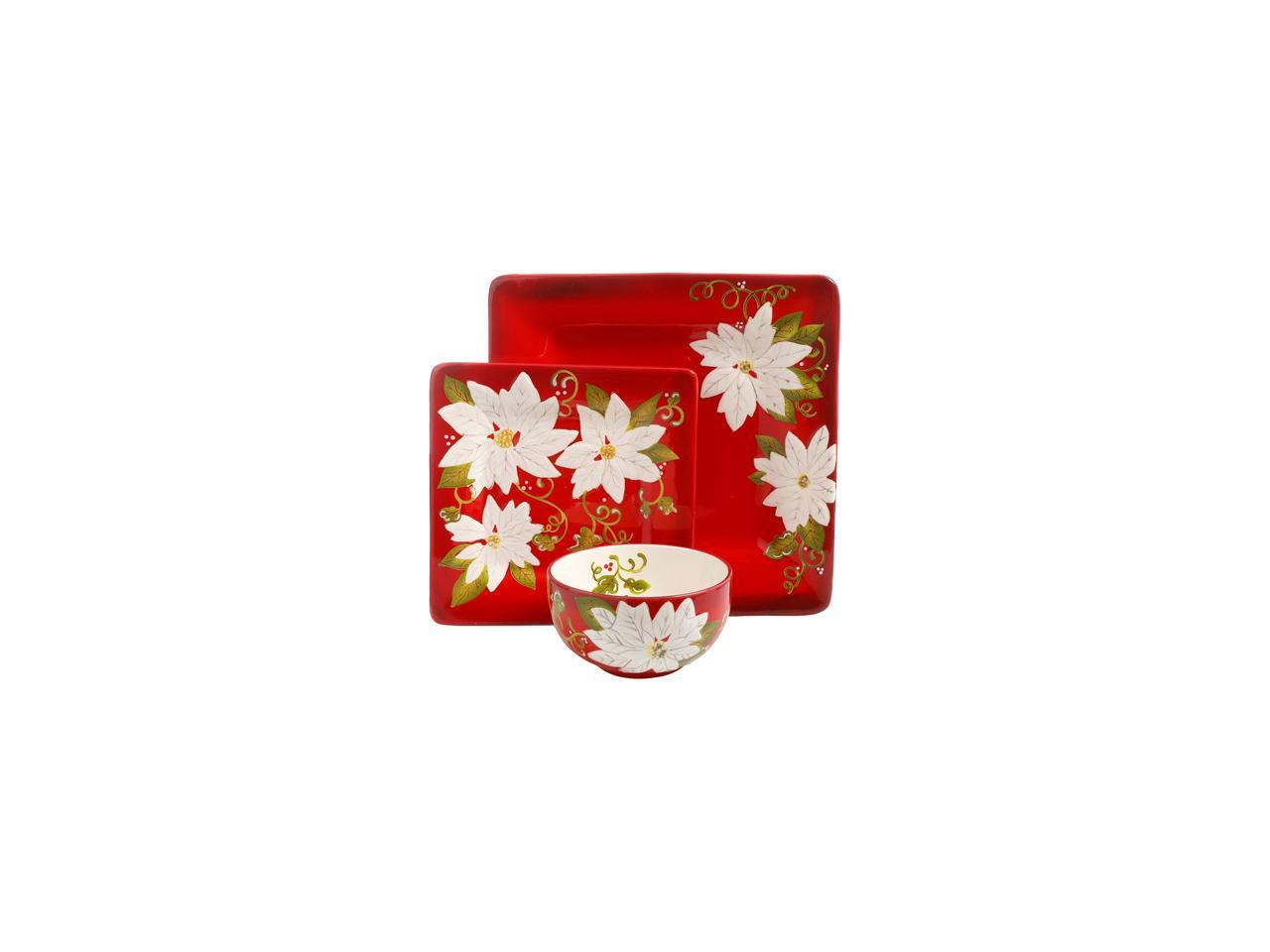 Gibson Laurie Gates Pleasant Poinsettia 12 Piece Dinnerware Set, Red