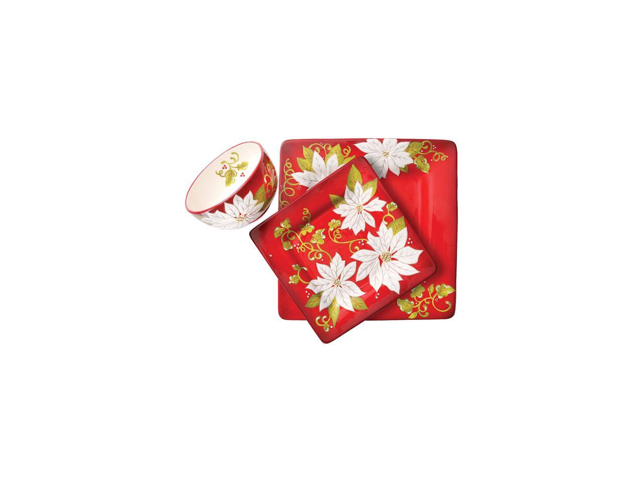 Gibson Laurie Gates Pleasant Poinsettia 12 Piece Dinnerware Set, Red