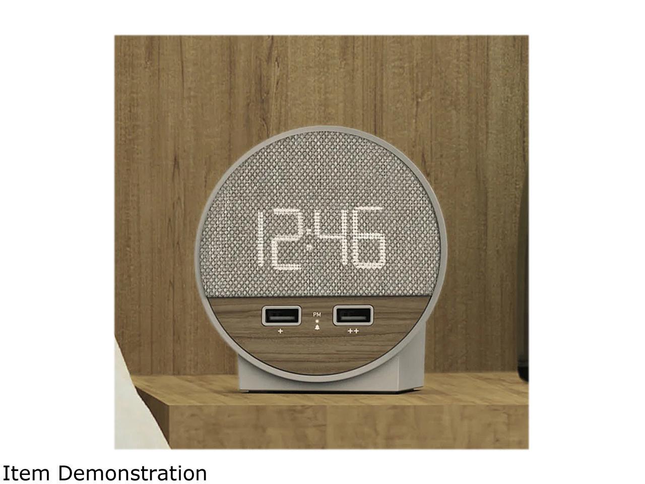 Station O Small Round Alarm Clock w/ Dual USB Charge Wood/Fabric Light