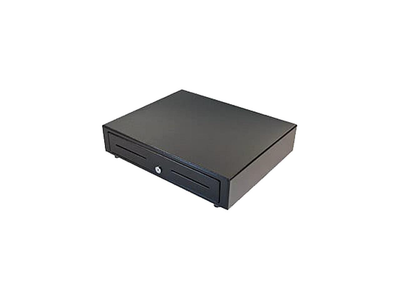 APG Vasario Series Standard-Duty Cash Drawer – 16" Wide, MultiPRO 320 Interface, Black, Plastic Till With Bill/Coin Compartments