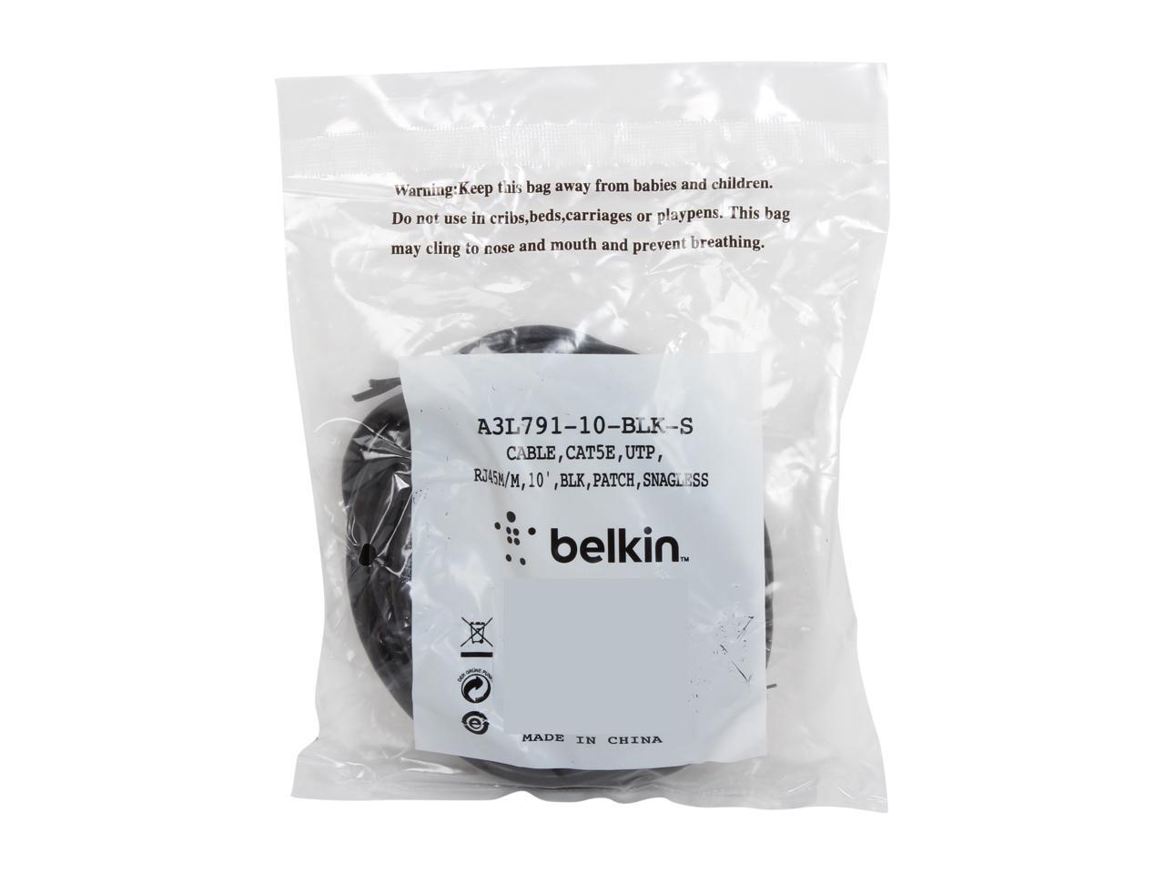 Black 10ft Belkin A3L791-10-BLK-S CAT5E Patch Cord Snagless