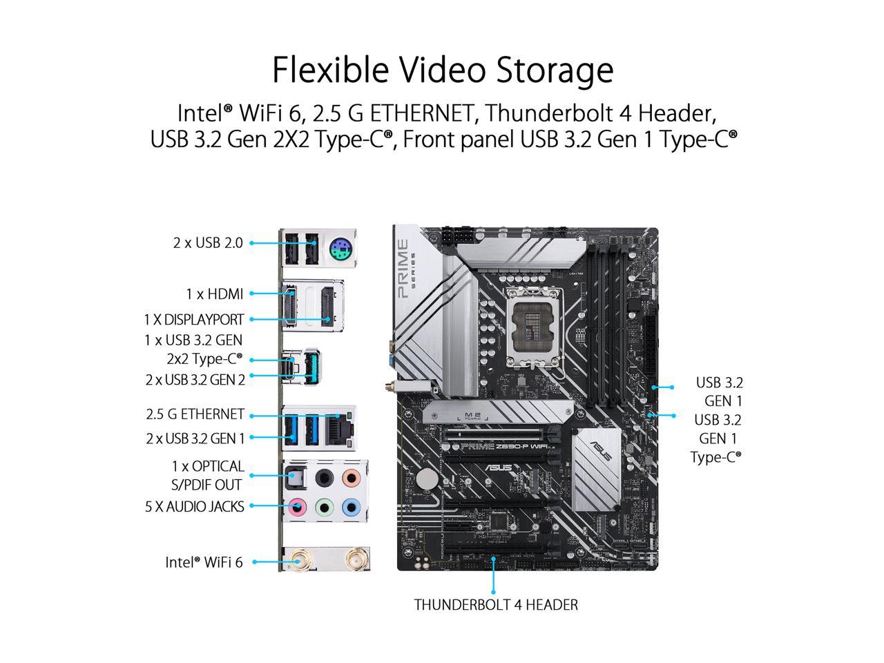 PCIe 5.0, 4 x M.2, 16+1 DrMOS, DDR5, DisplayPort, LAN Intel 2,5Gb, HDMI, DP, USB 3.2 Gen2x2 Type-C, USB 3.2 Gen2 Type-C Avant, Thunderbolt 4 ASUS Prime Z690-A Carte mère Intel Z690 LGA 1700 ATX