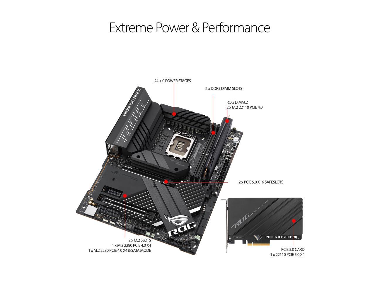 ASUS ROG Maximus Z690 Apex LGA 1700 WiFi 6E Intel 12th Gen ATX gaming motherboard PCIe 5.0,DDR5,24 power stages,DDR5,5x M.2,PCIe 5.0 M.2,USB 3.2 Gen 2x2 front-panel connector,Hyper M.2 Card bundled