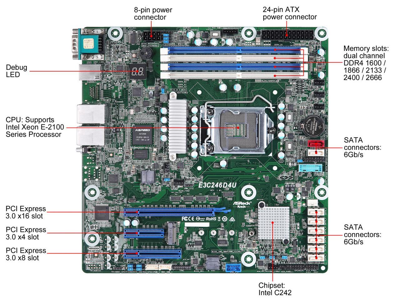 AsRock Rack E3C242D4U Micro ATX Server Motherboard LGA 1151 Intel C242