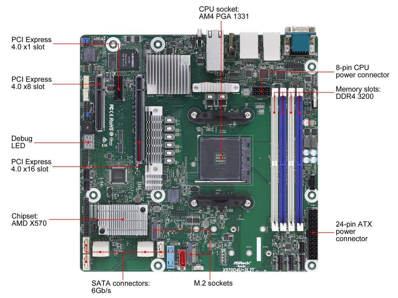 AsRock Rack X570D4U-2L2T micro-ATX Server Motherboard AMD AM4 PGA 1331 ...