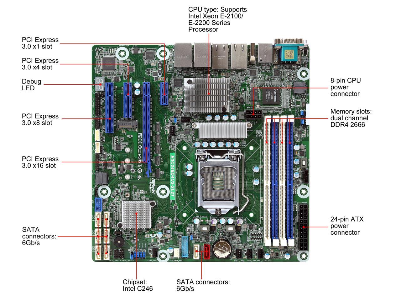 AsRock Rack E3C246D4U2-2L2T Micro ATX Server Motherboard Intel E-2100/E ...