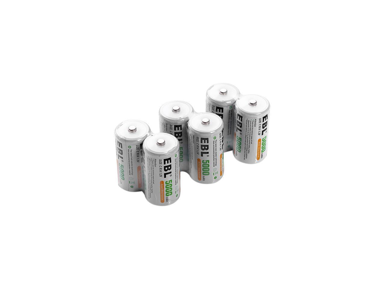 EBL 6 Pack Size C R14 Battery 1.2V 5000mAh NiMH Rechargeable Batteries