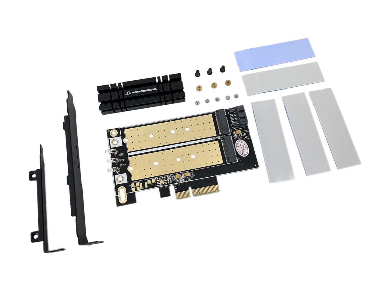 Micro Connectors M.2 NVMe + M.2 SATA 80mm SSD PCIe x4 Adapter with Heat