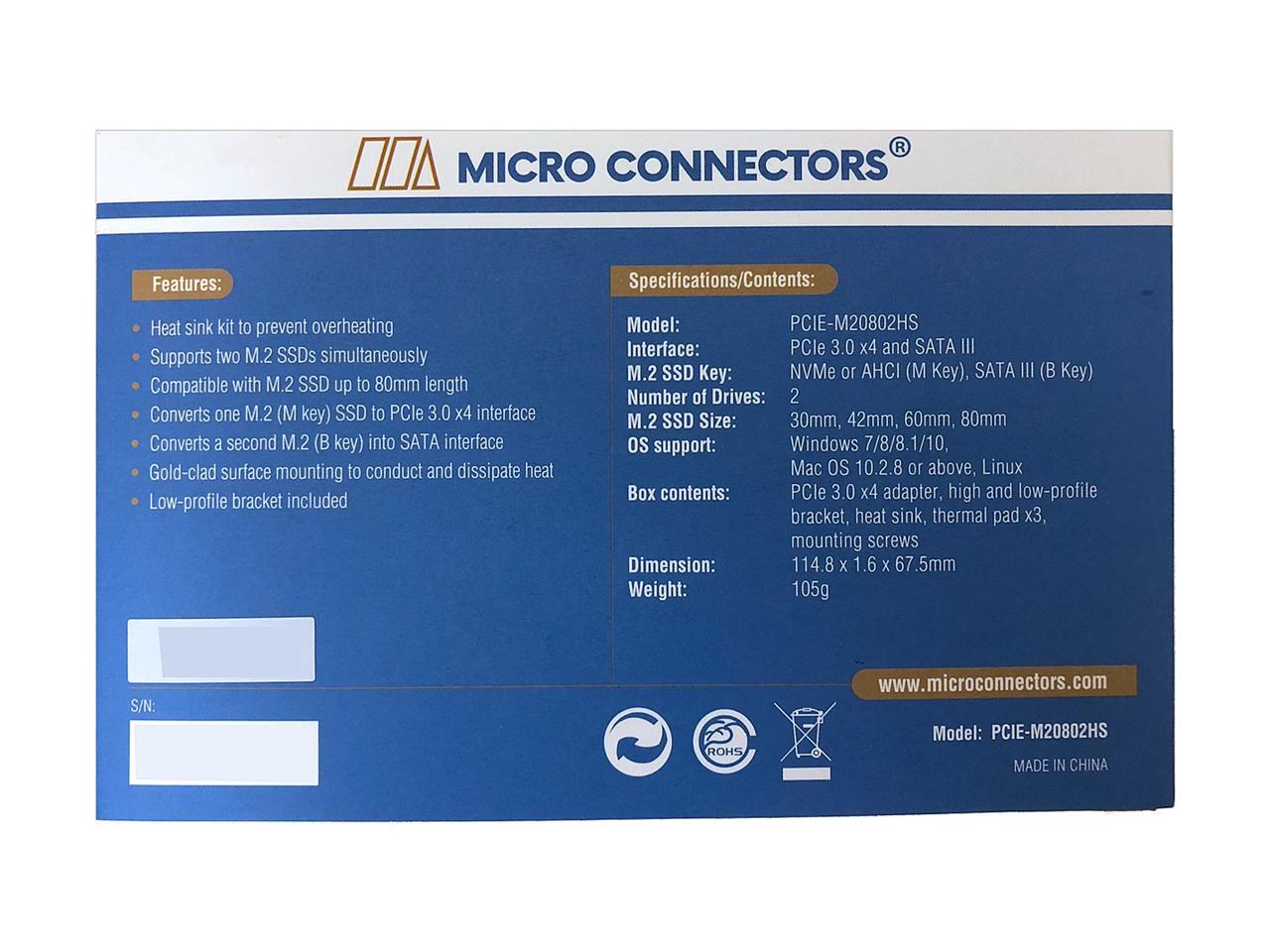 Micro Connectors M.2 NVMe + M.2 SATA 80mm SSD PCIe x4 Adapter with Heat