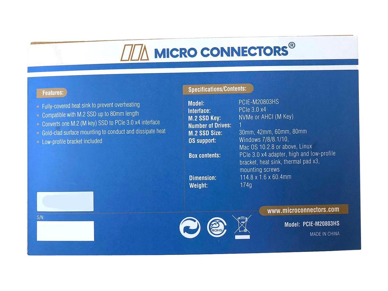 Micro Connectors M.2 NVMe 80mm SSD PCIe x4 Adapter with Covered Heat