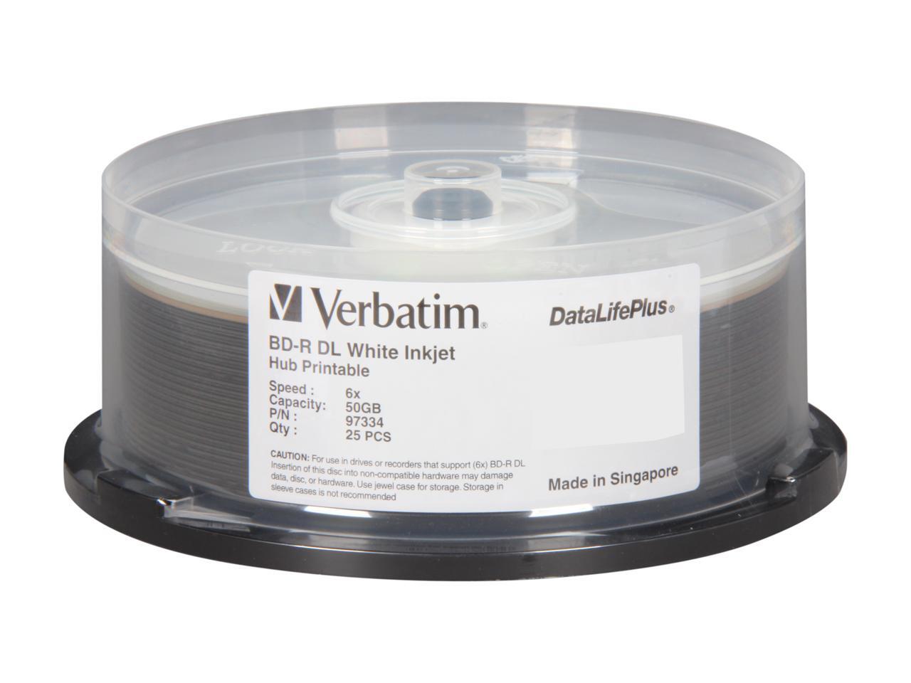 Verbatim 50GB 6X BD R DL Inkjet Printable 25 Packs Disc Model 97334 