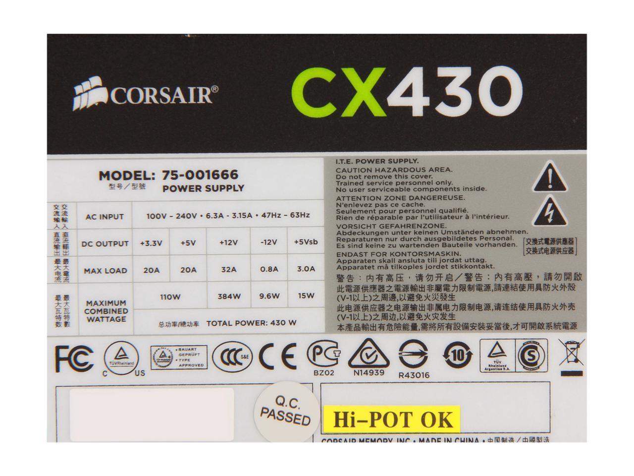 CORSAIR CX Series CX430 430W 80 PLUS BRONZE Active PFC ATX12V & EPS12V  Power Supply