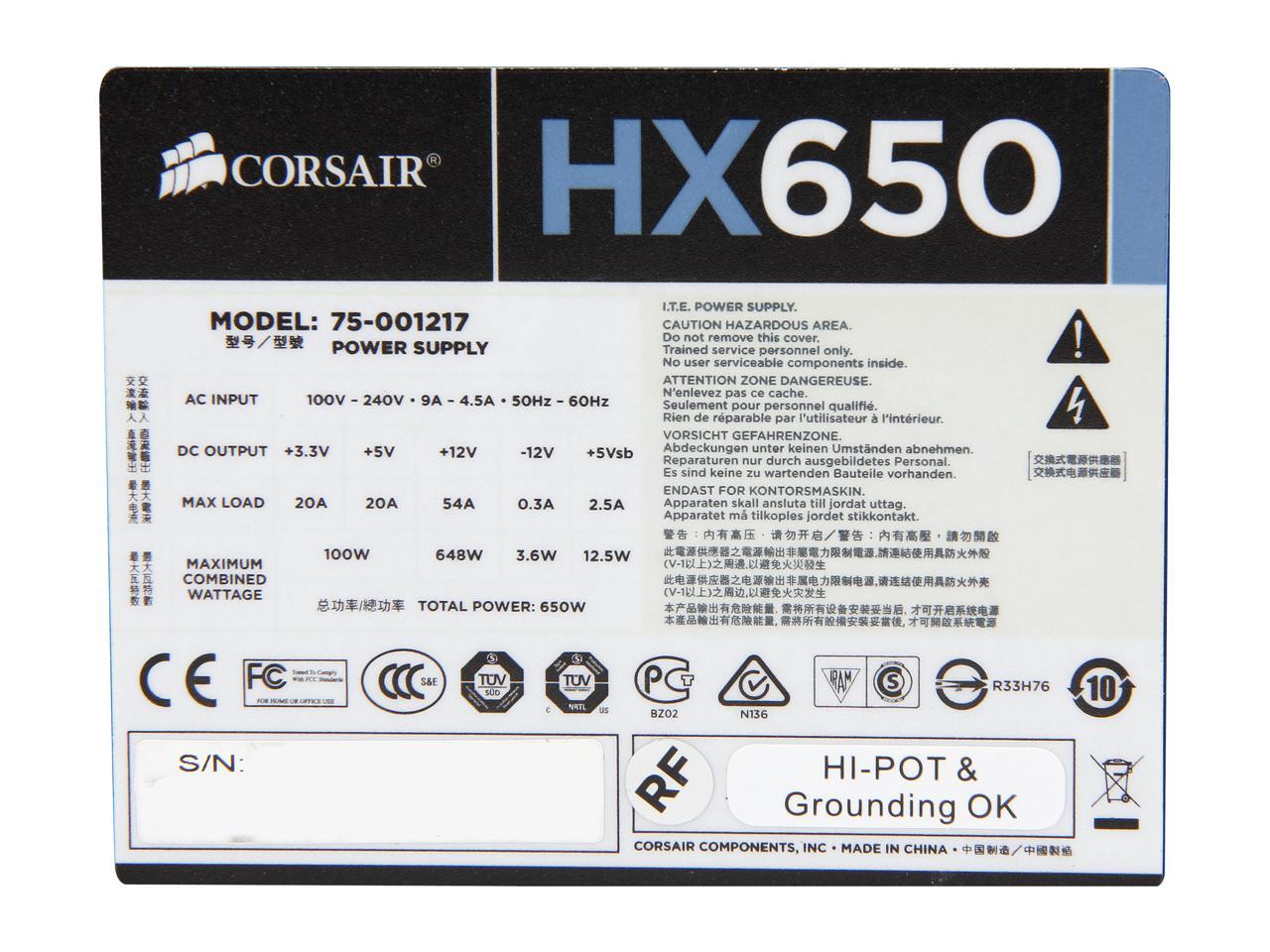 CMPSU-650HX Corsair Professional Series 650-Watt 80 Plus Certified Power Supply compatible with   and   Platforms