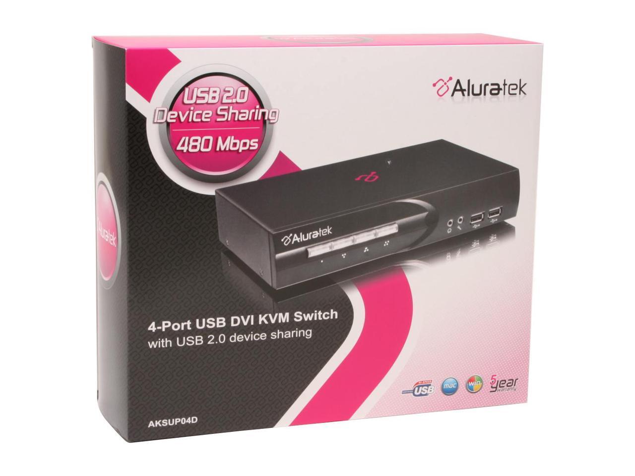 Open Box Aluratek AKSUP04D 4Port USB DVI KVM Switch w/USB device