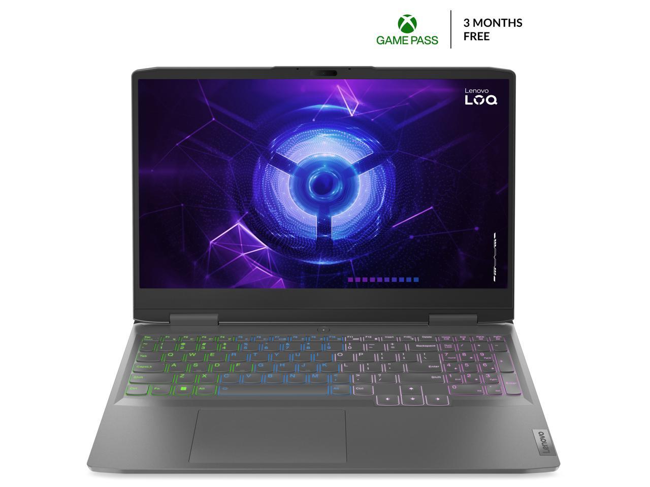 A dark-gray Lenovo LOQ 15IRH8 Gaming Laptop with a blue and purple screensaver 