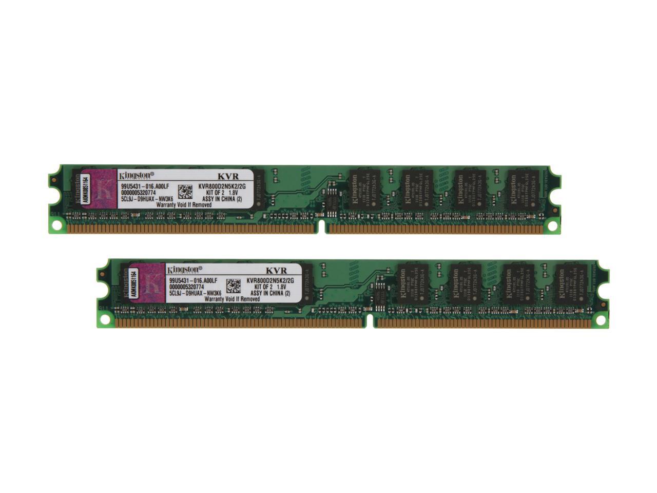 Kingston ValueRAM 2GB (2 x 1GB) 240-Pin DDR2 SDRAM DDR2 800 (PC2 6400) Dual  Channel Kit Desktop Memory Model KVR800D2N5K2/2G