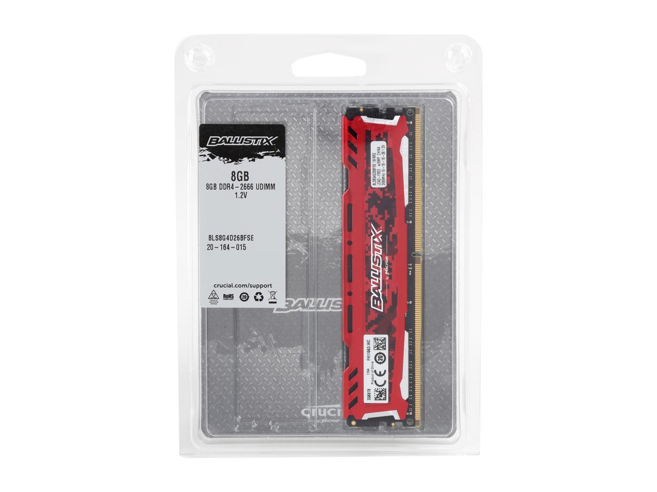 Ballistix Sport LT 8GB Single DDR4 2666 MT/s (PC4-21300) DR x8 DIMM 288-Pin  Memory - BLS8G4D26BFSE (Red)